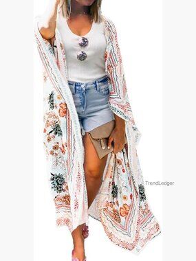 Long Flowy Chiffon Kimono Cardigan Beach Cover Up Boho Style